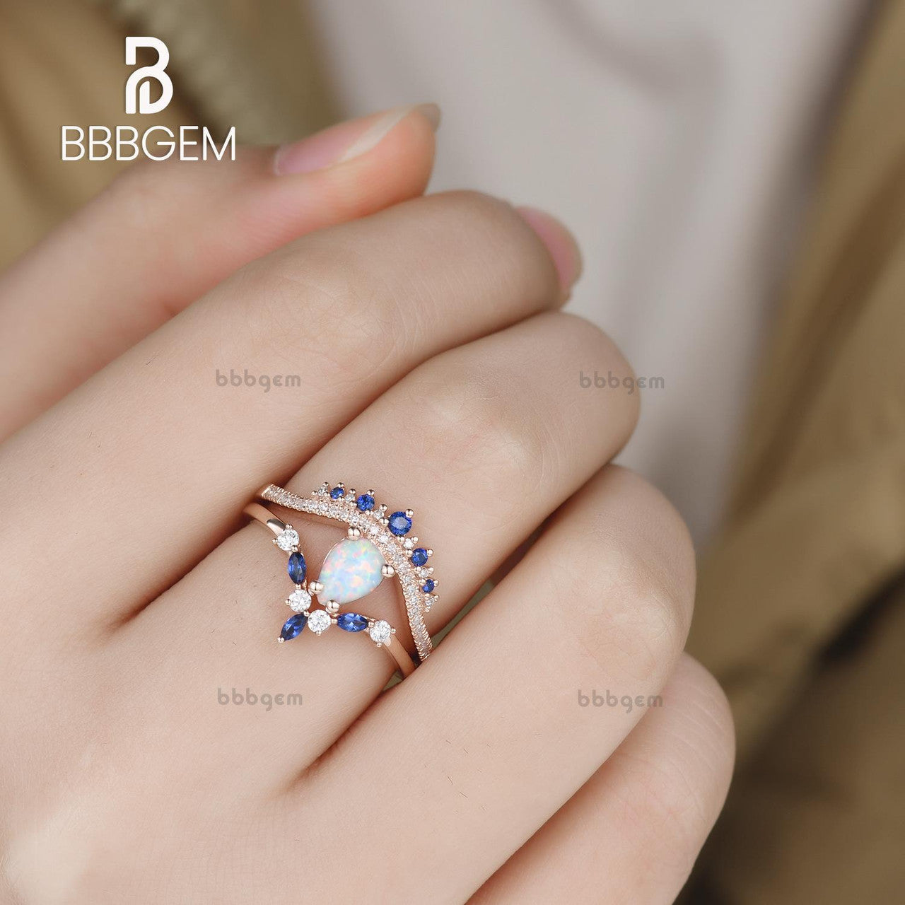 three piece sapphire engagement ring set-teardrop opal sapphire wedding ring sets