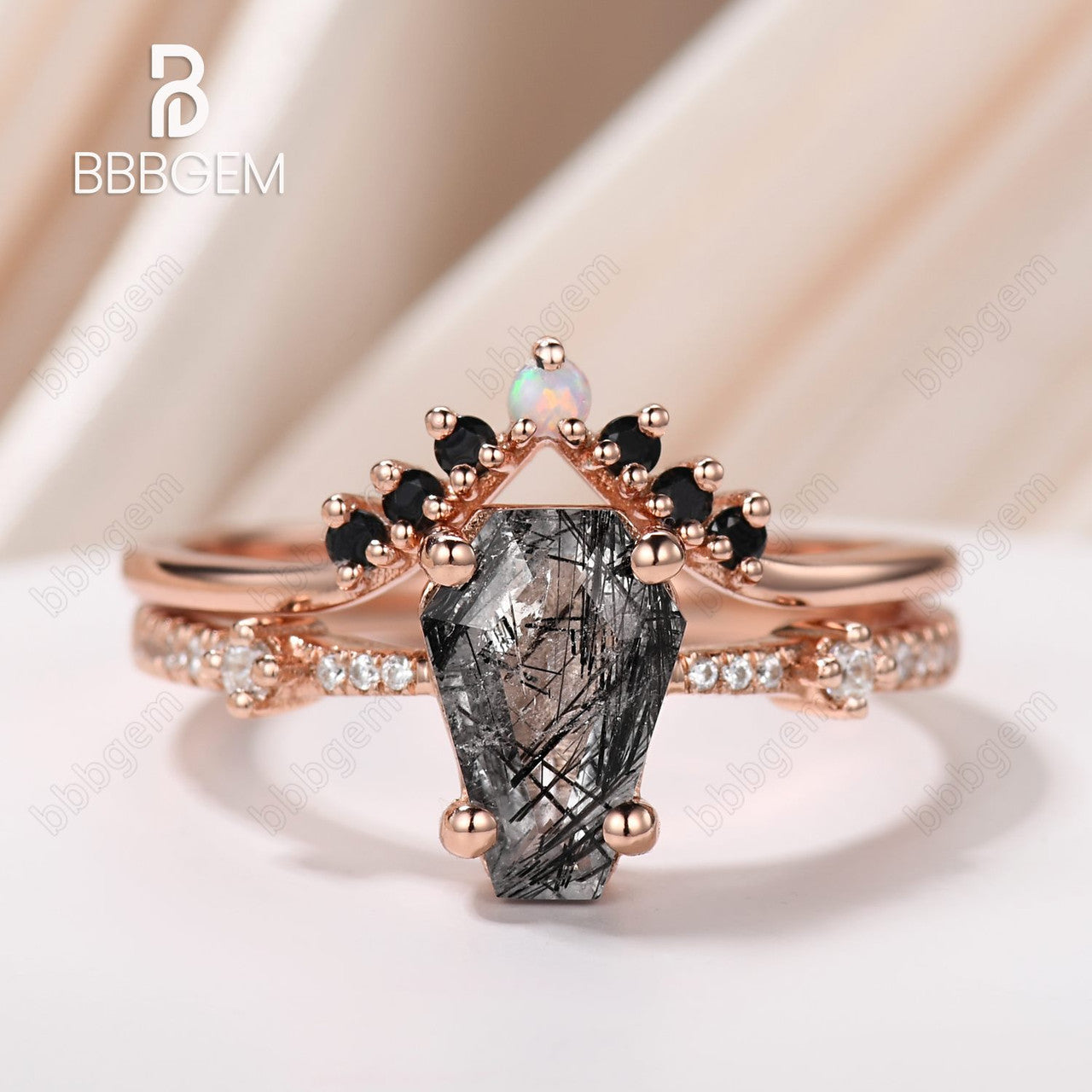 three stone black tourmaline coffin ring set-coffin cut black rutilated quartz wedding ring set-coffin statement ring black quuartz-bbbgem jewelry
