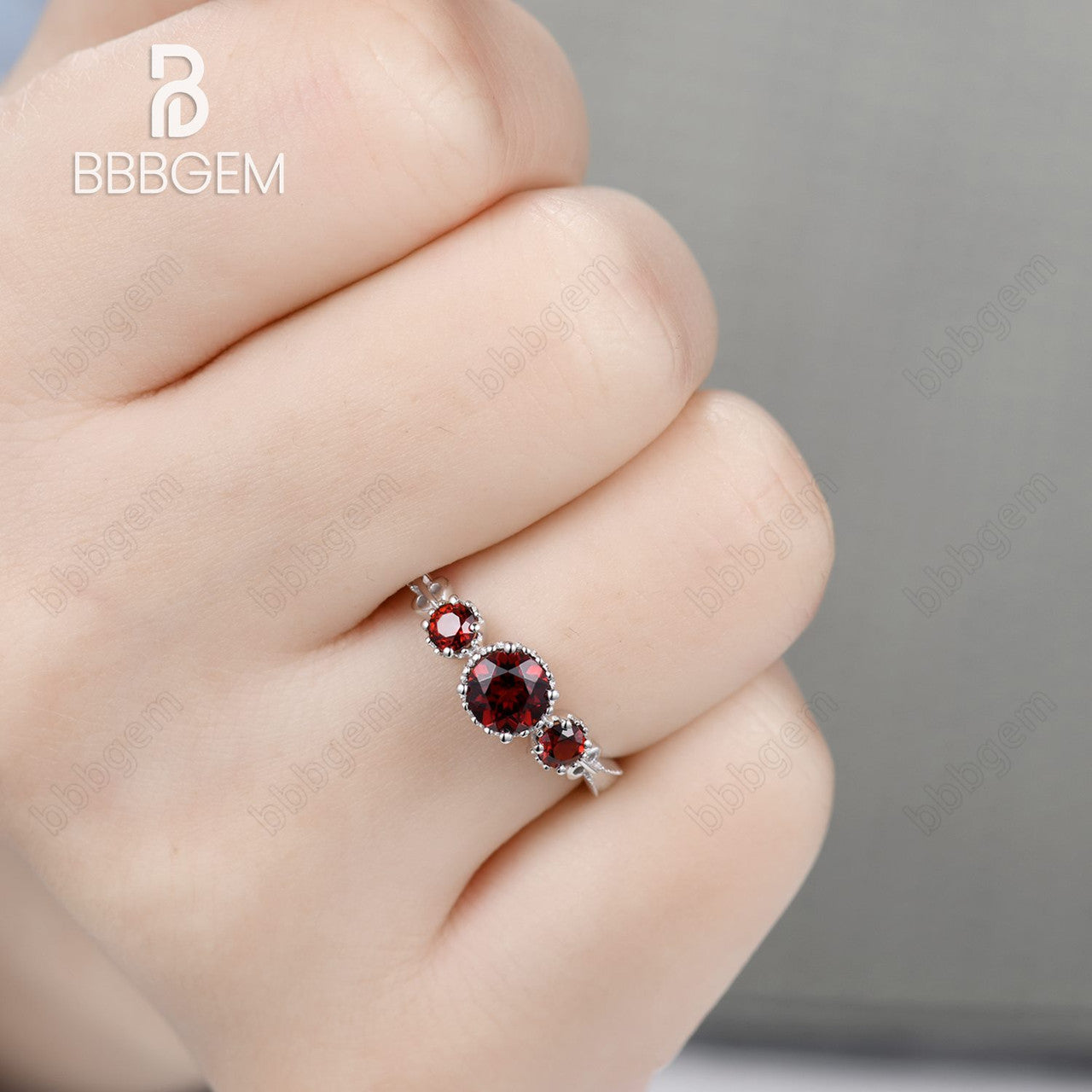 three stone engagement ring-14k white gold natural garnet 3 stone ring-red garnet wedding ring milgrain