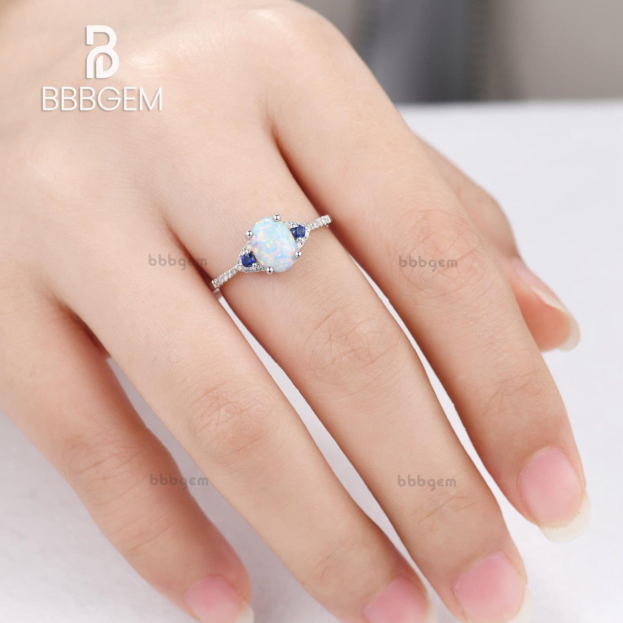 three stone opal sapphire engagement ring-3 stone opal wedding ring in white gold-white opal three stone women ring