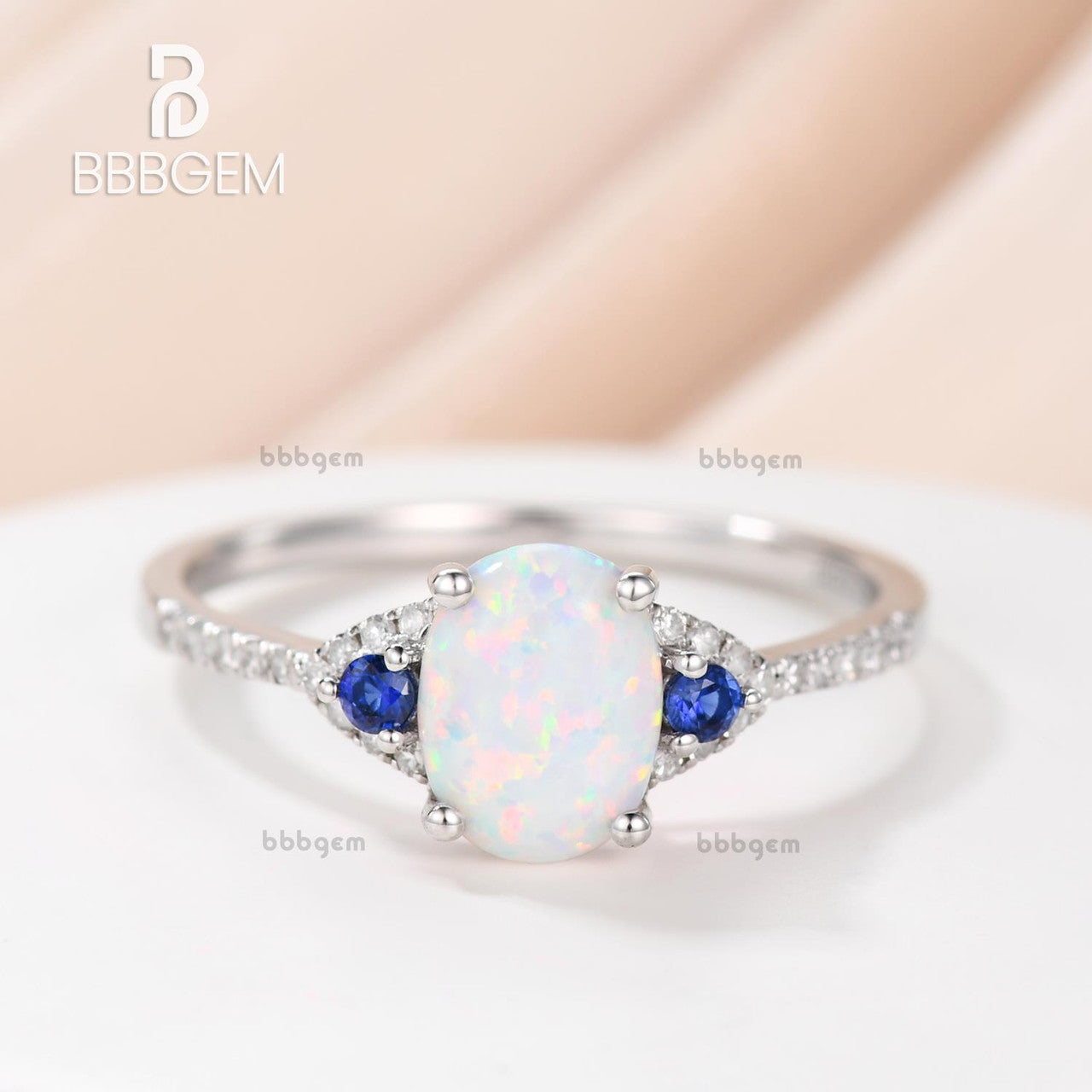 three stone opal sapphire engagement ring-3 stone opal wedding ring in white gold-white opal three stone women ring