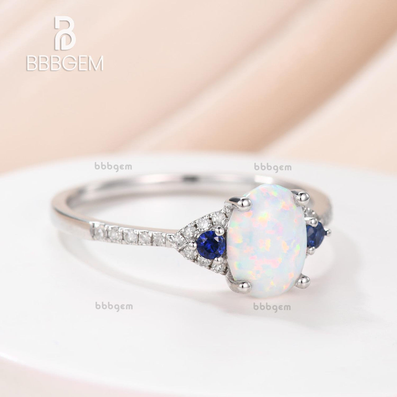 three stone opal sapphire engagement ring-3 stone opal wedding ring in white gold-white opal three stone women ring