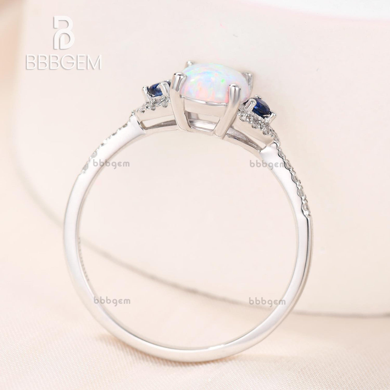 three stone opal sapphire engagement ring-3 stone opal wedding ring in white gold-white opal three stone women ring