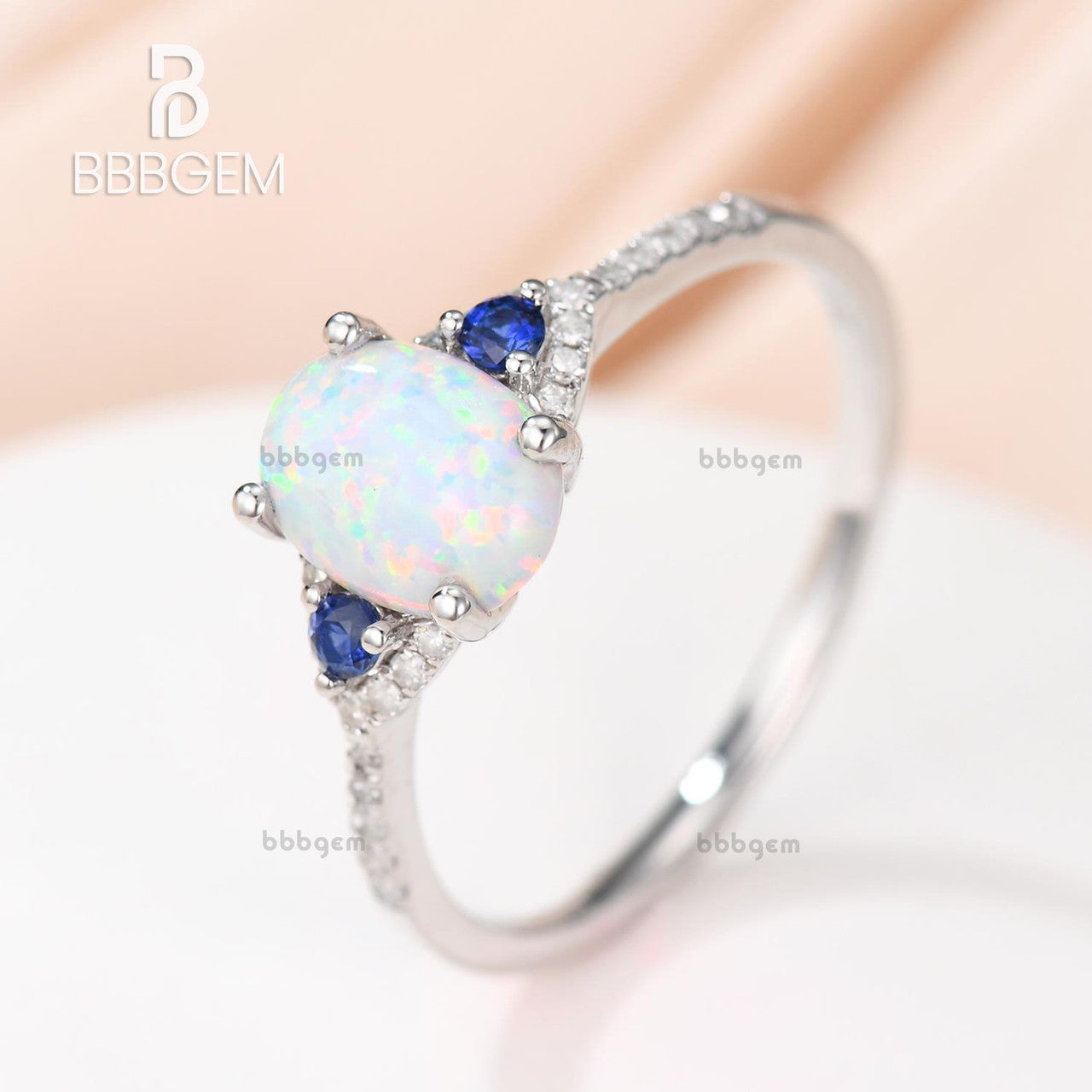 three stone opal sapphire engagement ring-3 stone opal wedding ring in white gold-white opal three stone women ring