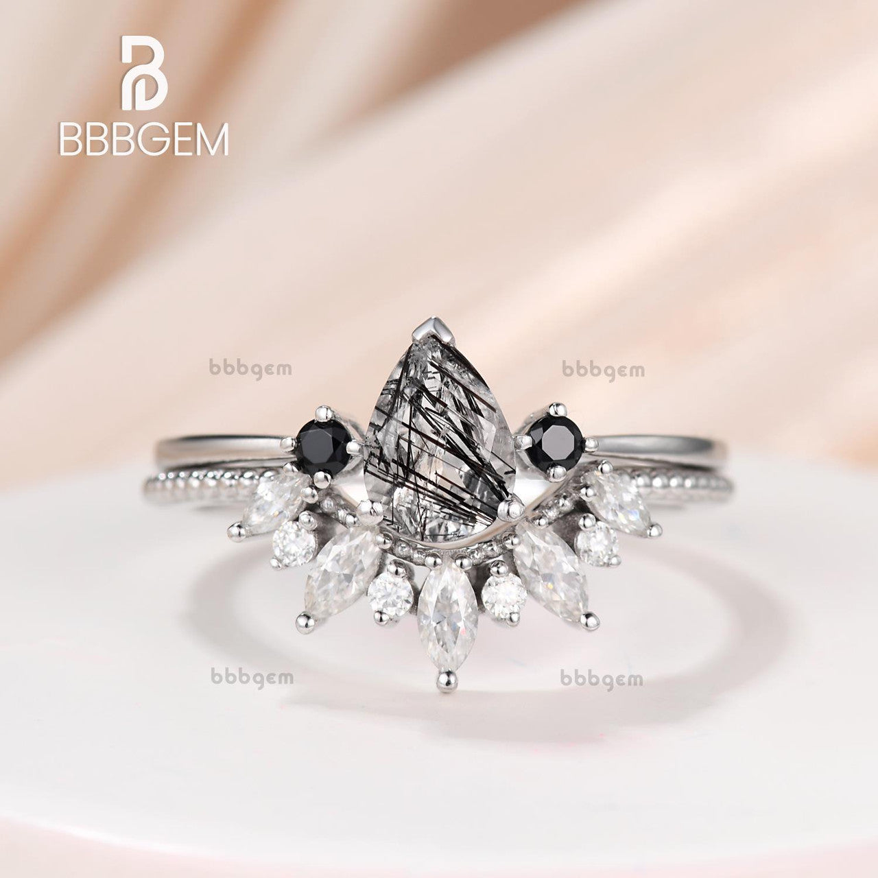 three stone pear black rutilated quartz ring set-white gold black rutilated quartz tourmaline ring set