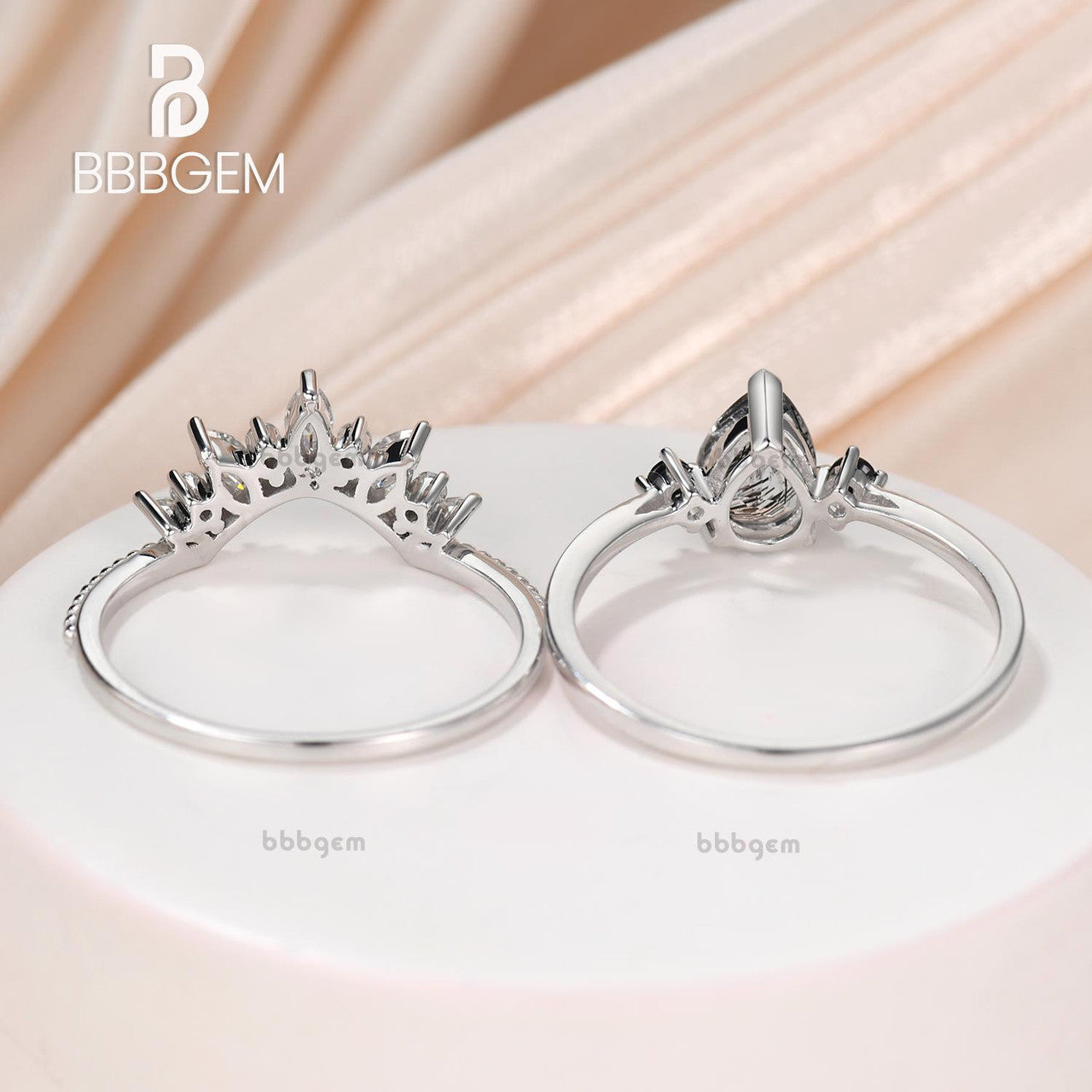 three stone pear black rutilated quartz ring set-white gold black rutilated quartz tourmaline ring set