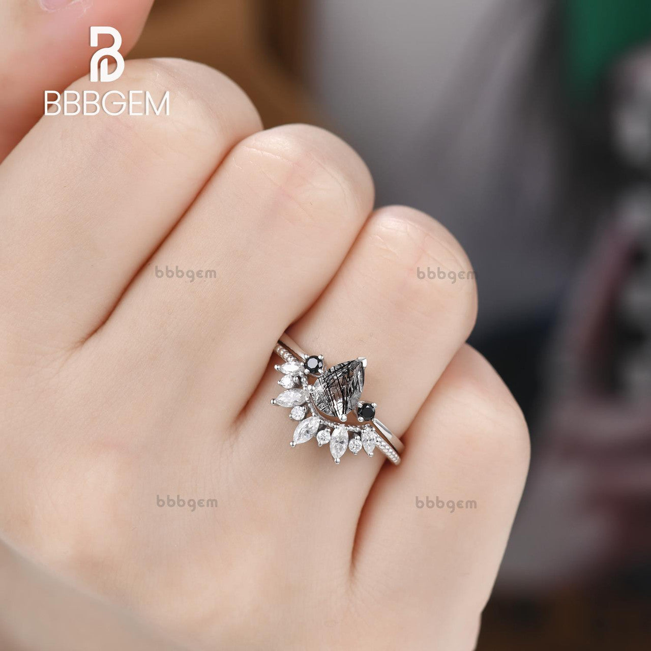 three stone pear black rutilated quartz ring set-white gold black rutilated quartz tourmaline ring set