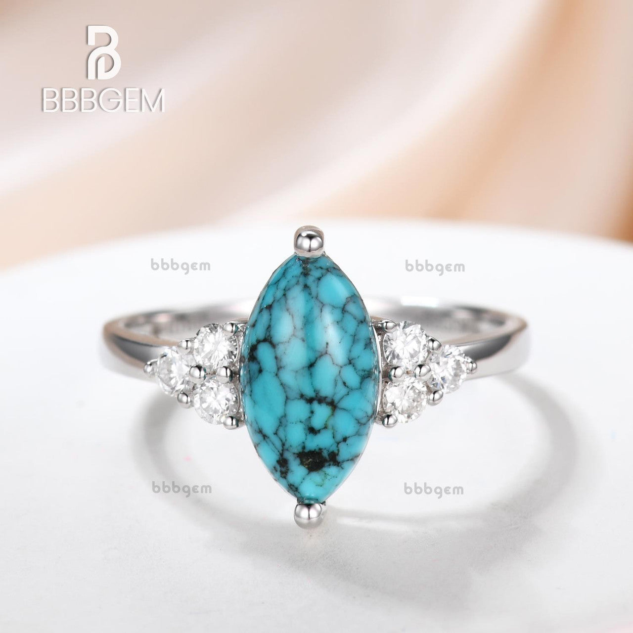 Engagement Ring Three Stone Turquoise Ring Princess Cut