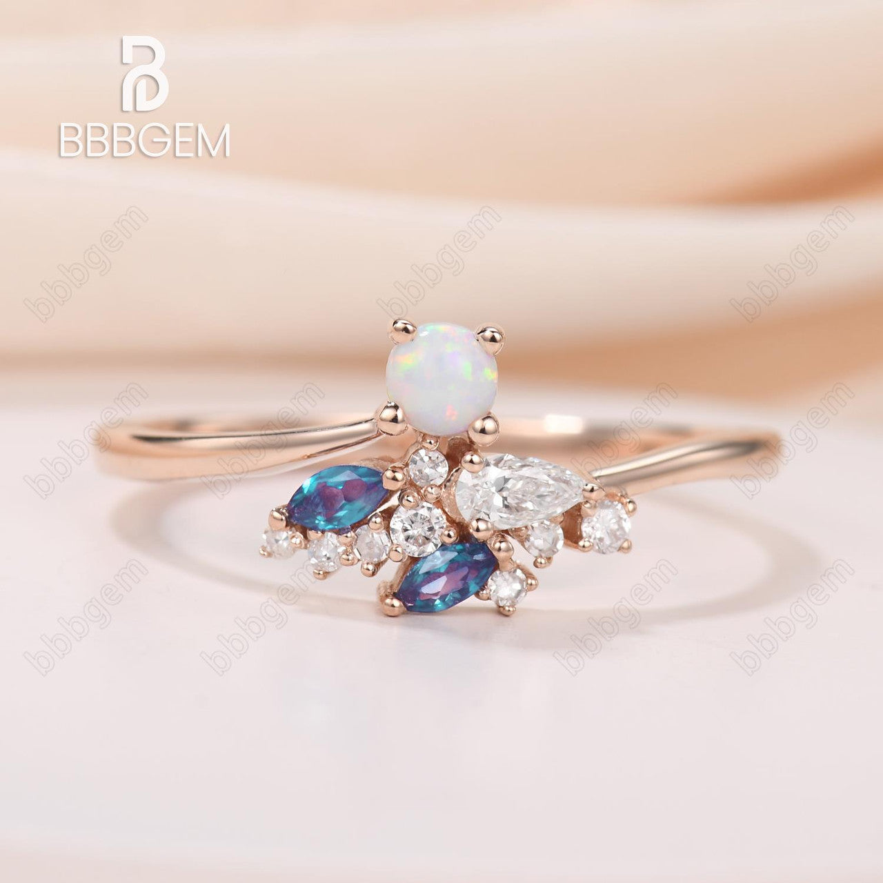 Unique Curved Opal Sapphire Diamond Engagement Ring Rose Gold