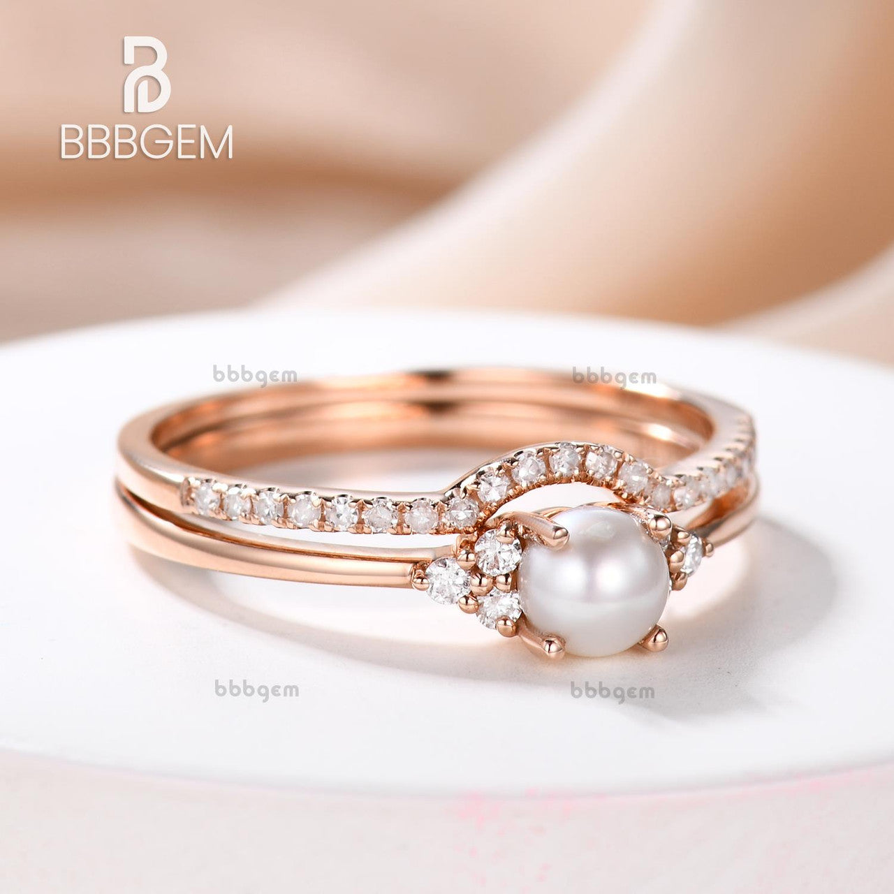 rose gold pearl ring-pearl ring with diamond accent