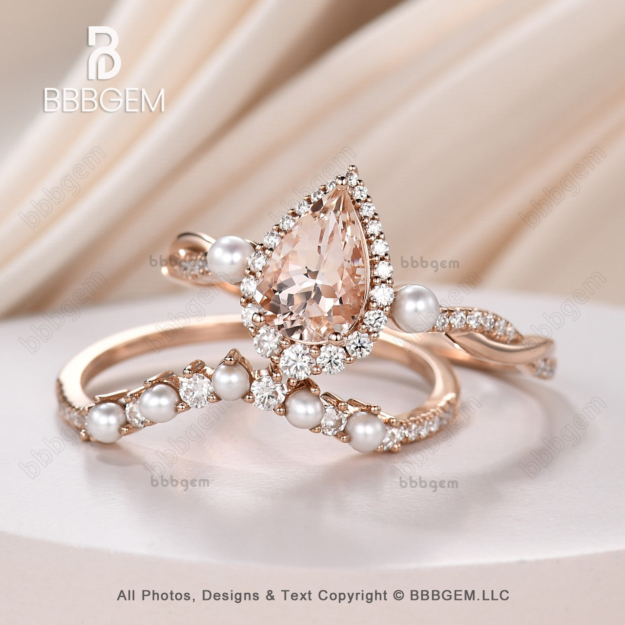 Vintage Pear Cut Natural Morganite Ring Set with Pearl Three Stone Morganite Engagement Ring 14k Rose Gold