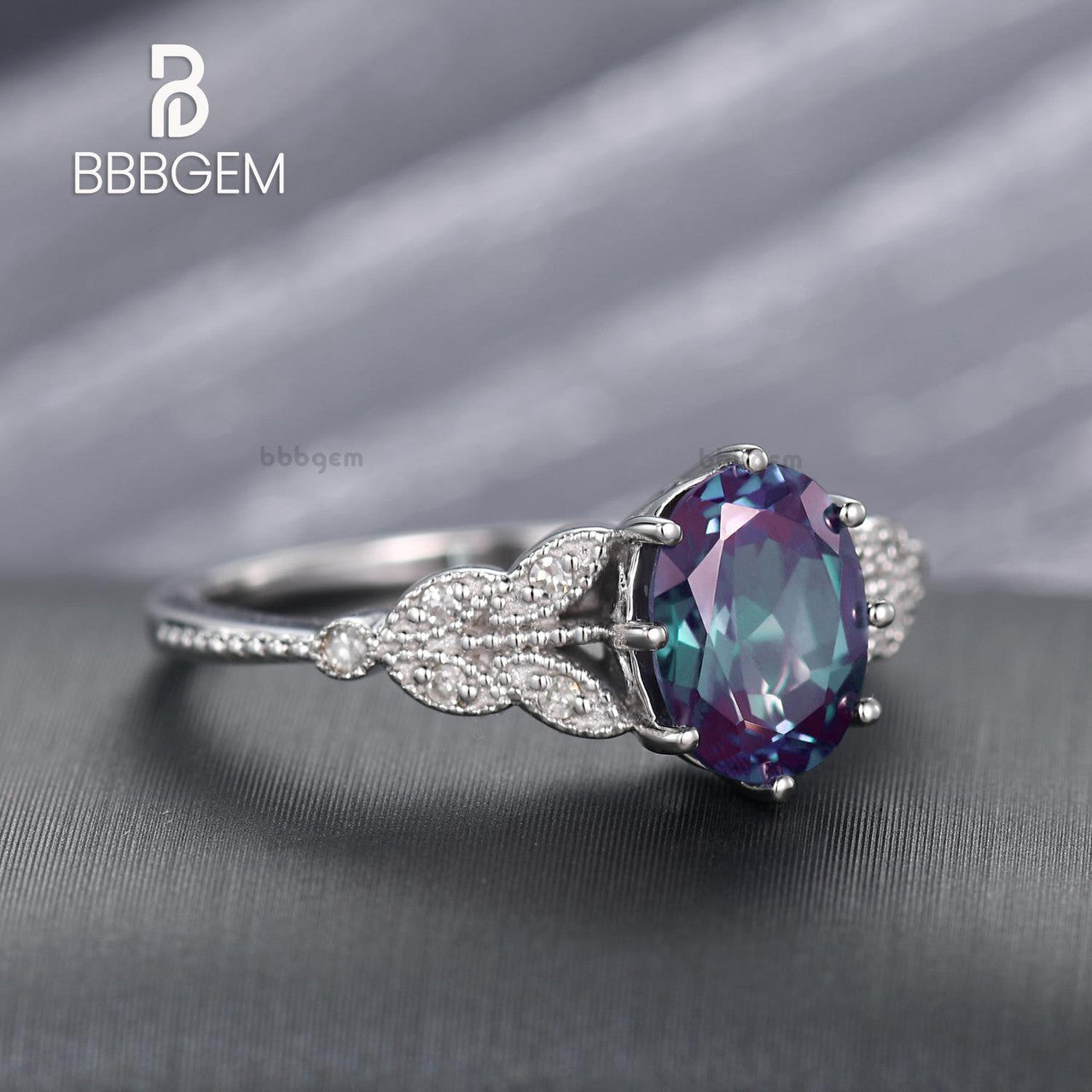 Oval Lab Alexandrite Vintage Engagement Ring in White Gold