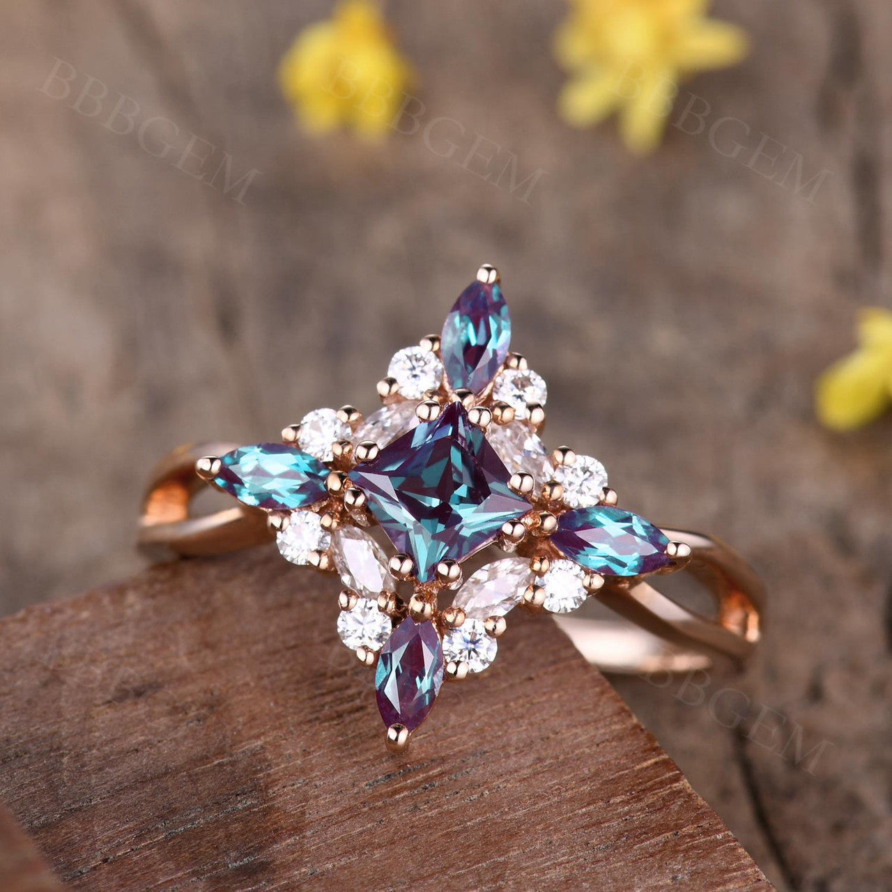 vintage alexandrite rings split shank-Lab Alexandrite French Princess Cut Ring-BBBGEM Split Shank Cluster Alexandrite Moissanite Engagement Rings