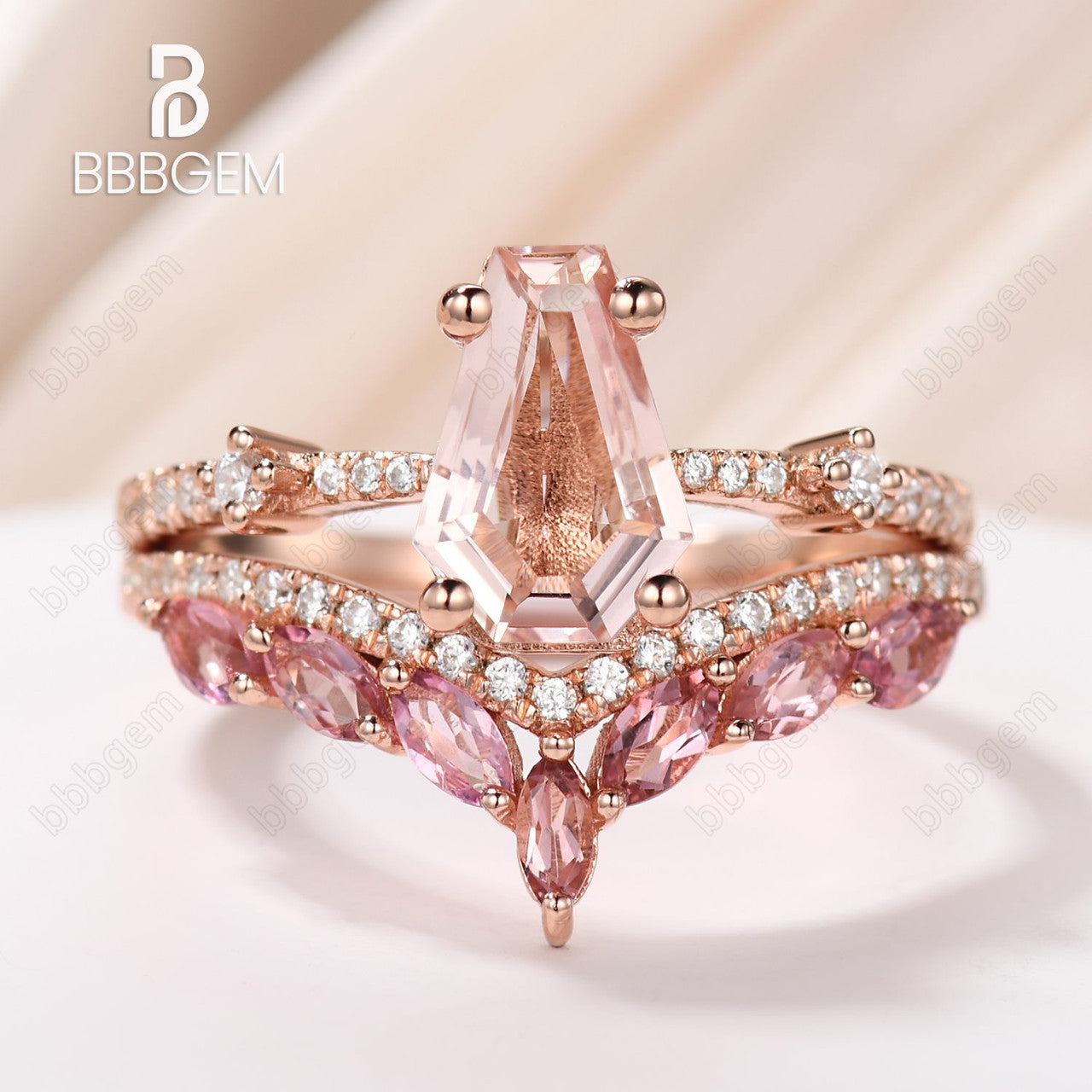 Vintage Morganite Pink Sapphire Engagement Ring Set Coffin Shaped
