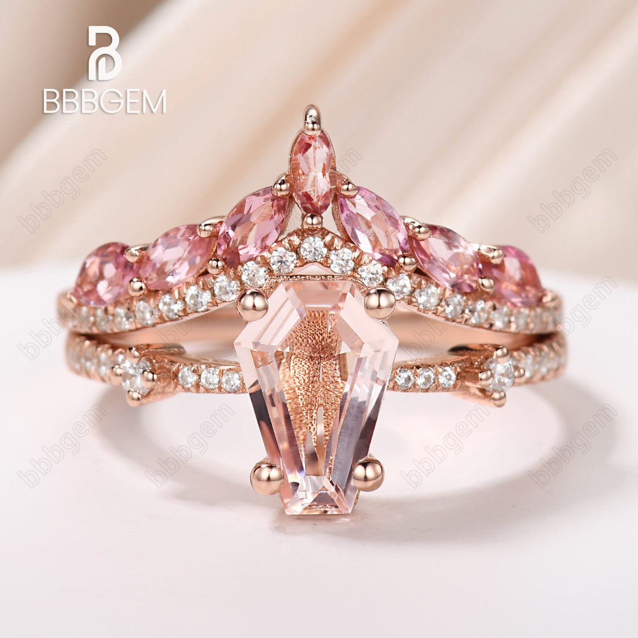 vintage coffin morganite pink sapphire ring set-natural morganite sapphire coffin cut ring set-bbbgem women morganite engagement ring set