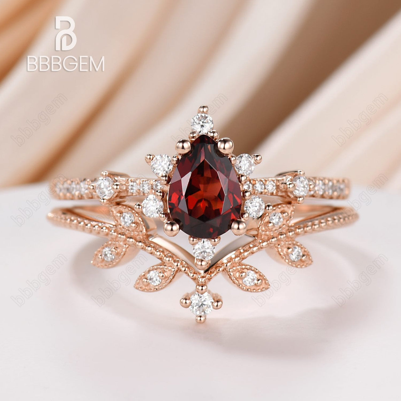 Art Deco Pear Cut Red Garnet Diamond Wedding Ring Set BBBGEM