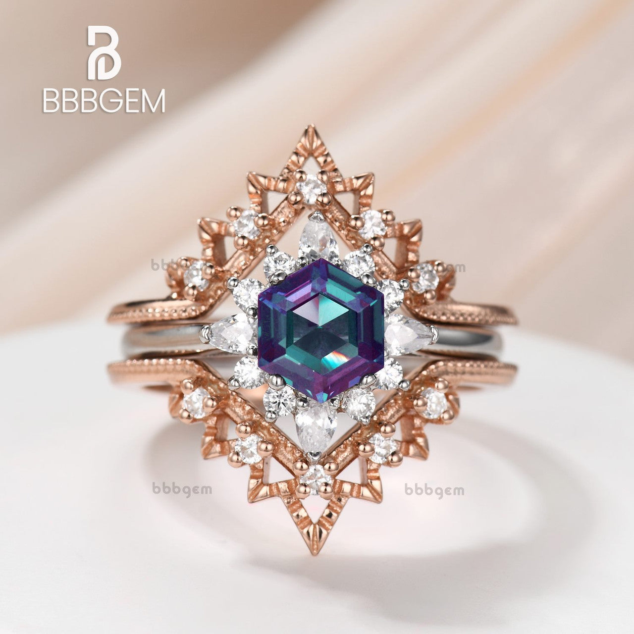 Alexandrite and Moissanite White Gold Ring-Vintage Hexagon Alexandrite Diamond Engagaement Rings