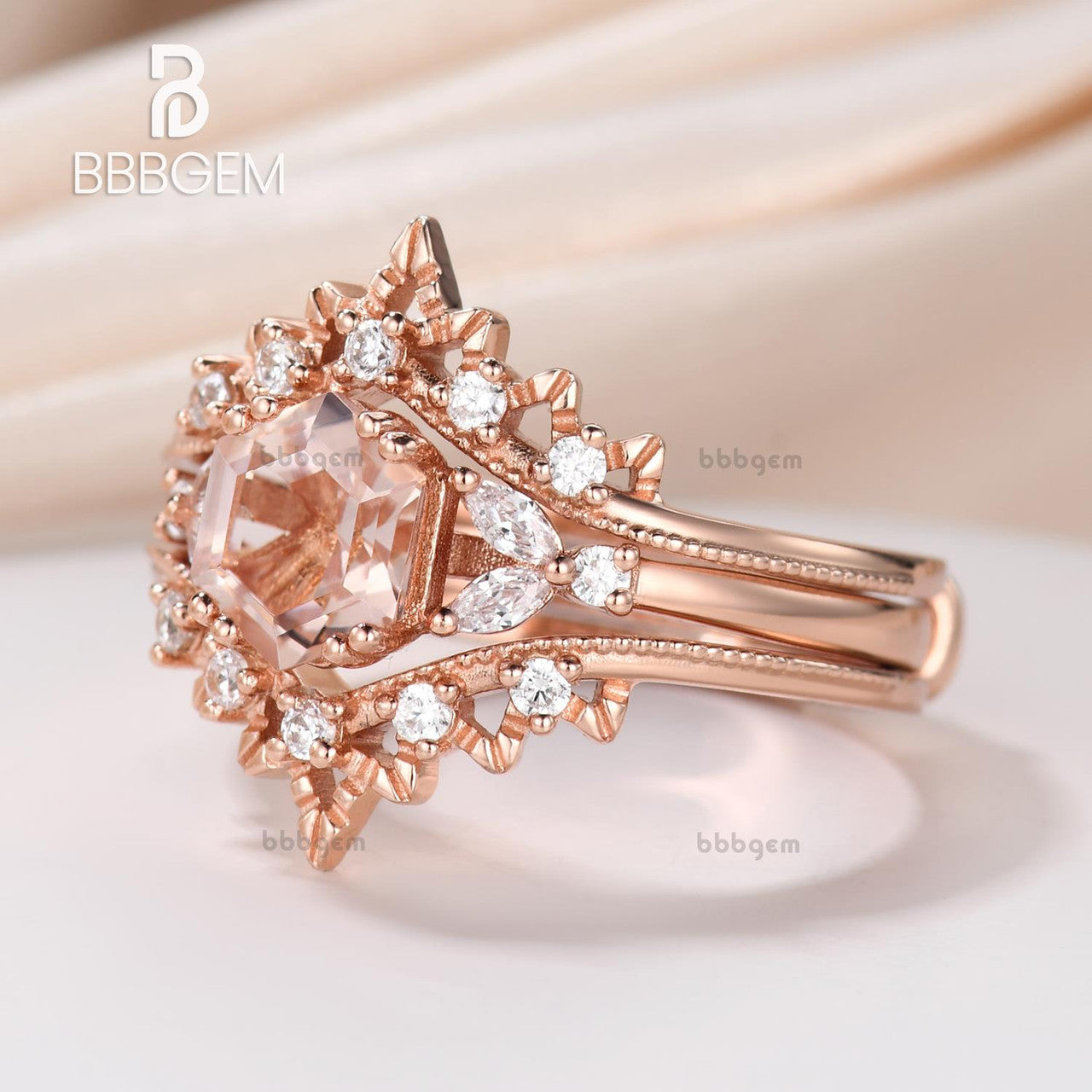 vintage hexagon morganite ring set with enhancer band-Morganite Wedding Rings for Women Engagement Ring Enhancer Band Bridal Set