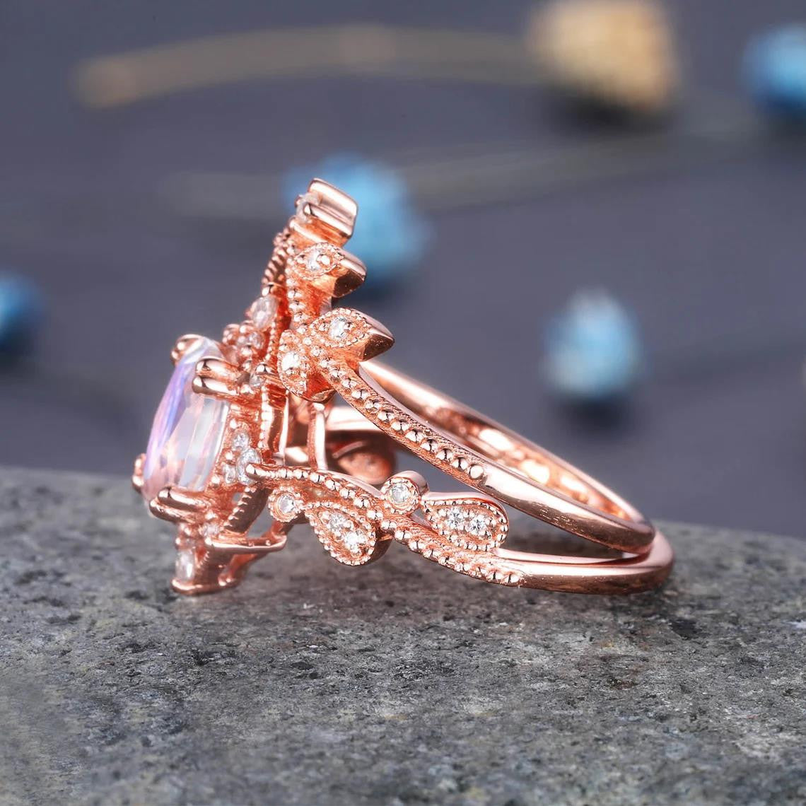 vintage oval moonstone wedding ring set-moonstone engagement ring sets-bbbgem moonstone jewelry