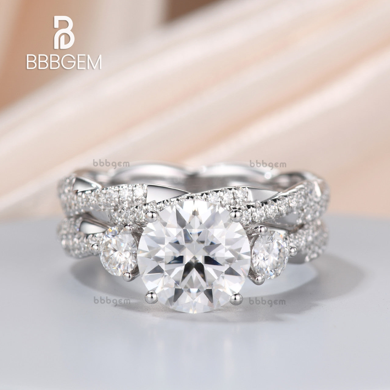 white gold Forever One Moissanite Infinity Engagement Ring Twist Diamond Wedding Band-8mm round moissanite wedding ring set-diamond twisted moissanite ring set