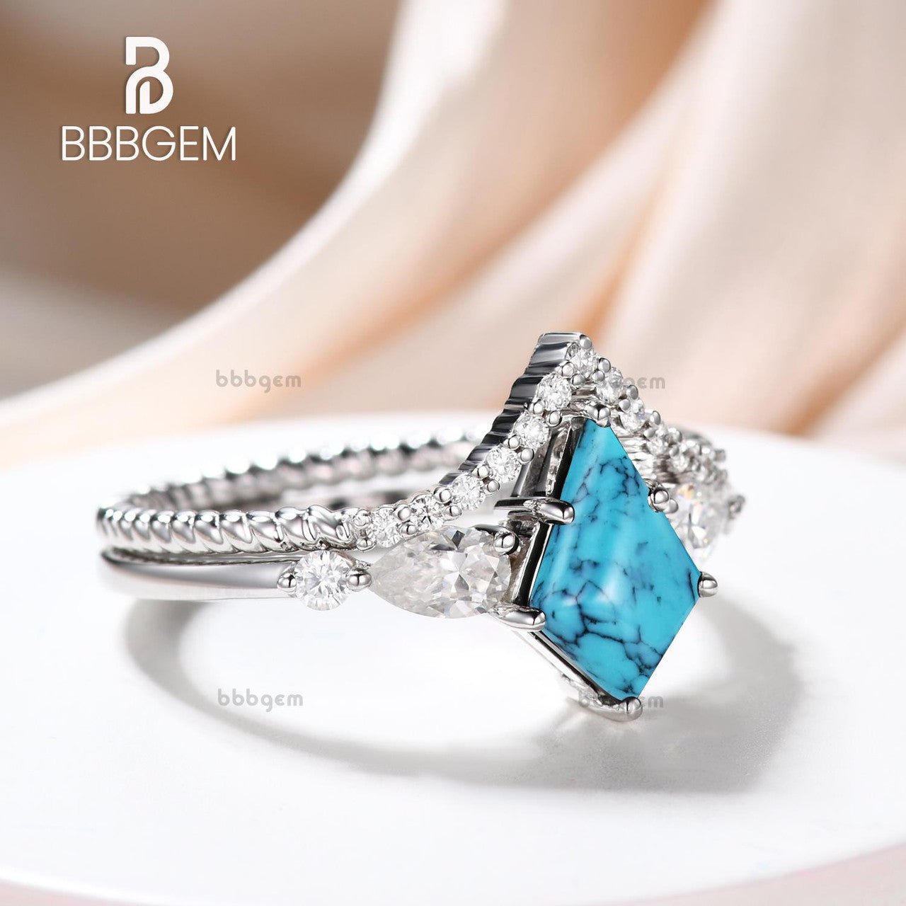 white gold kite shaped engagement ring set turquoise