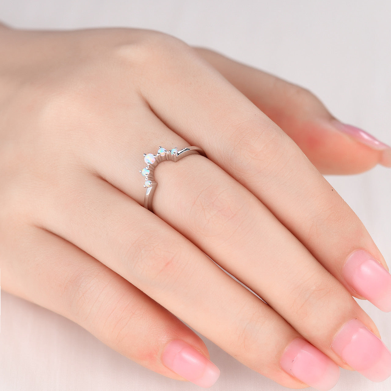 women opal wedding band-curve round opal wedding band for women-white fire opal stacking band 14k white gold-bbbgem women jewelry