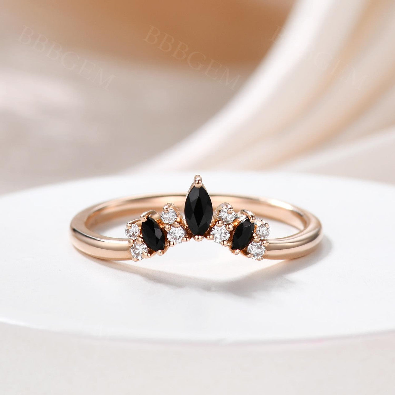 womens black onyx wedding bands-marquise black spinel wedding band-diamond and black spinel rose gold band 14k