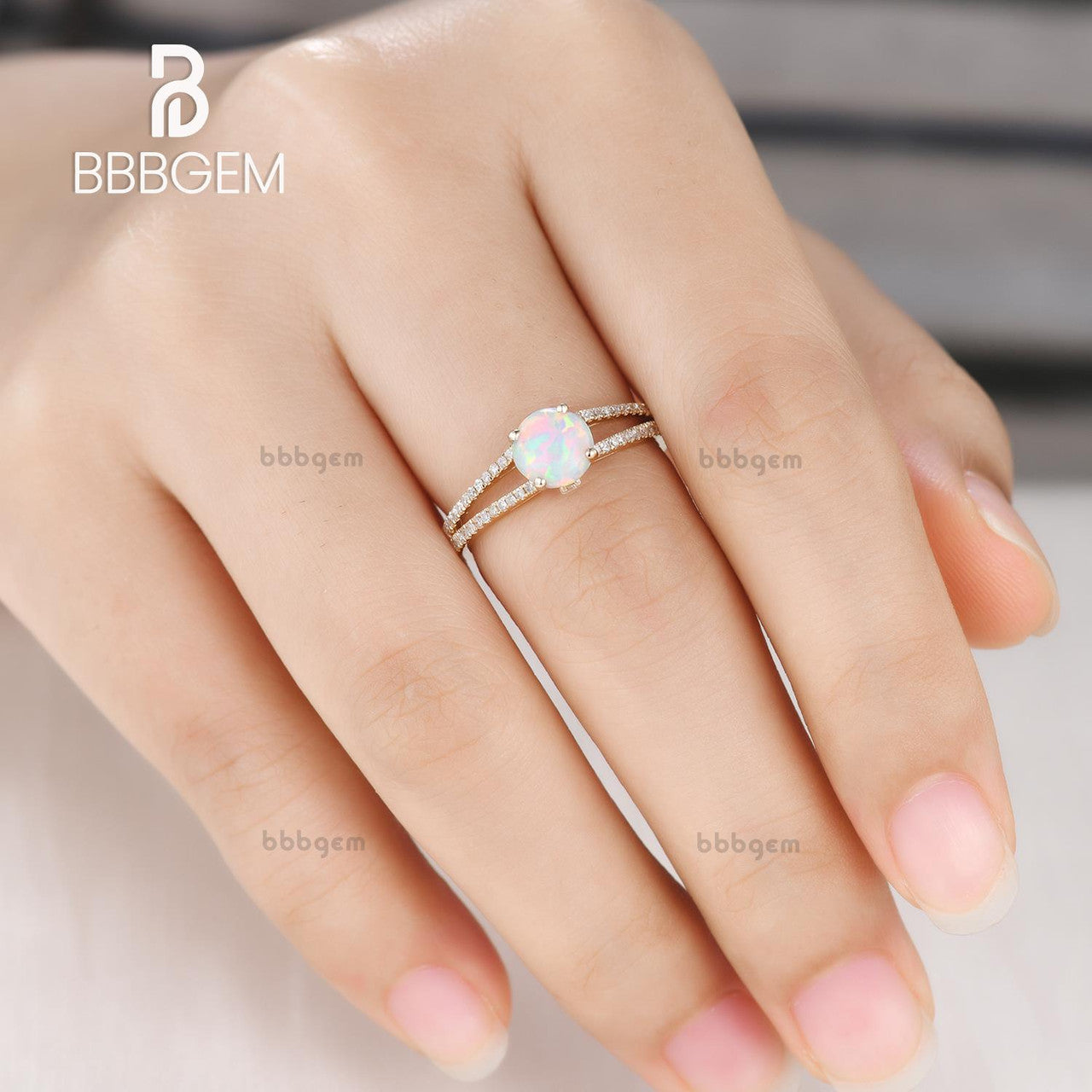 yellow gold round opal engagement ring-split shank diamond pave opal wedding rings-round white opal bridal rings