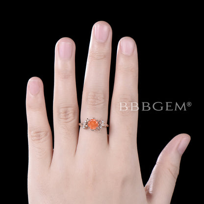 1ct Round Sunstone Engagement Ring Nature Inspired Leaf Wedding Ring