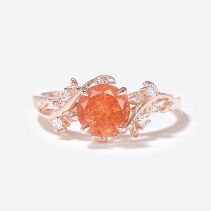 1ct Round Sunstone Engagement Ring Nature Inspired Leaf Wedding Ring