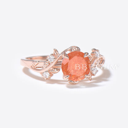 1ct Round Sunstone Engagement Ring Nature Inspired Leaf Wedding Ring