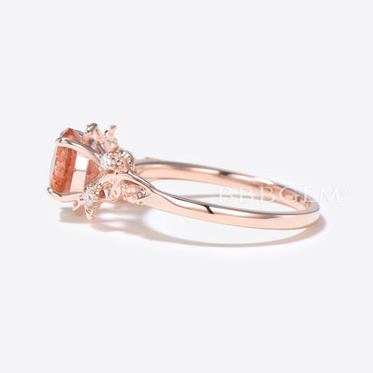 1ct Round Sunstone Engagement Ring Nature Inspired Leaf Wedding Ring