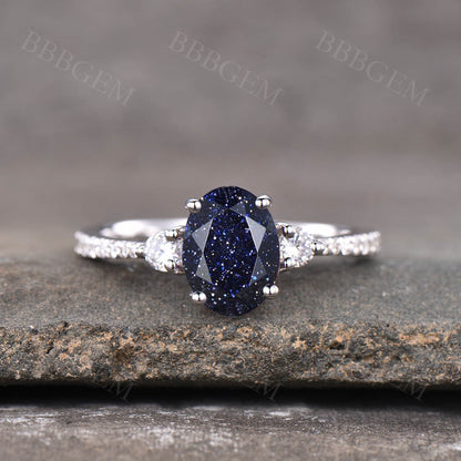 White Gold Blue Sandstone Engagement Ring-BBBGEM Rose Gold Blue Sandstone Ring