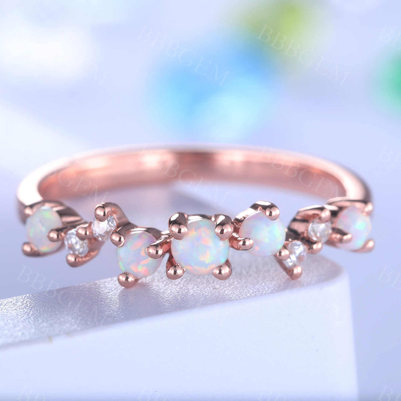 Unique Opal Wedding Band Rose Gold Diamond Ring For Women Stacking Matching Band Promise Bridal Anniversary Gift