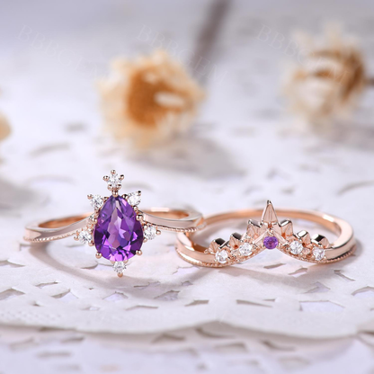 Natural Amethyst Purple Crystal Ring Set 2 Pieces Pear Cut Shaped Band Wedding Ring 14k Pink Gold