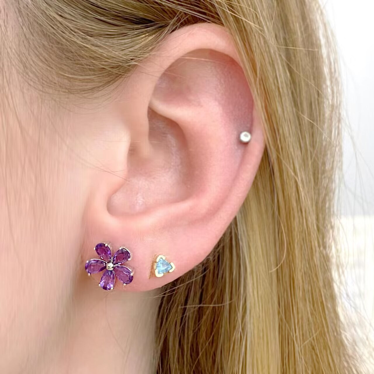 2ct Amethyst Flower Earrings  in 5 Petal Floral Style Sterling Studs with Posts in Sterling Silver February Birthday Gift