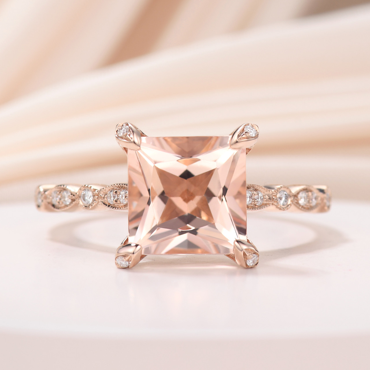 Princess 8mm Natural Morganite & Diamond Hidden Halo Wedding Ring in Rose Gold