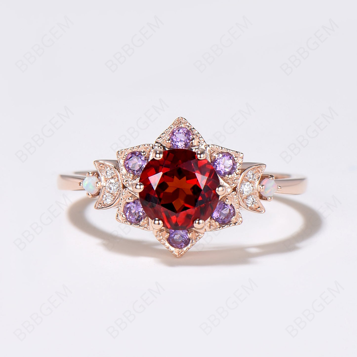 Floral Red Garnet Engagement Ring Moon Halo Amethyst Ring