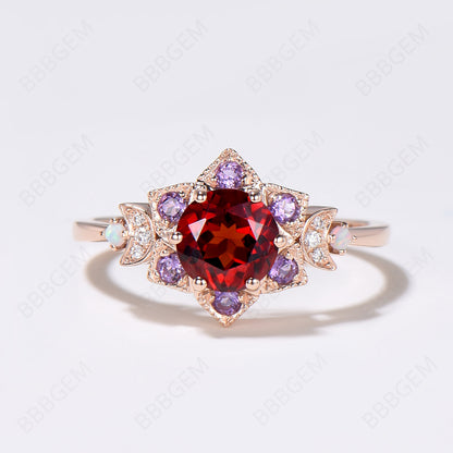 Floral Red Garnet Engagement Ring Moon Halo Amethyst Ring