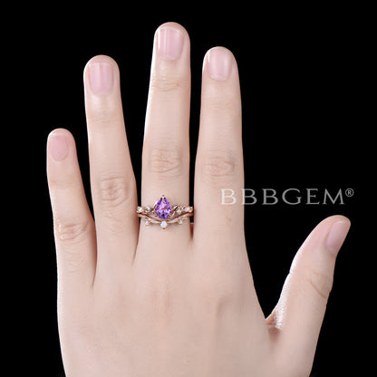 Twig Leaf Natural Amethyst Bridal Set 1.25ct Pear Shaped Amethyst Engagement Ring Purple Crystal Ring