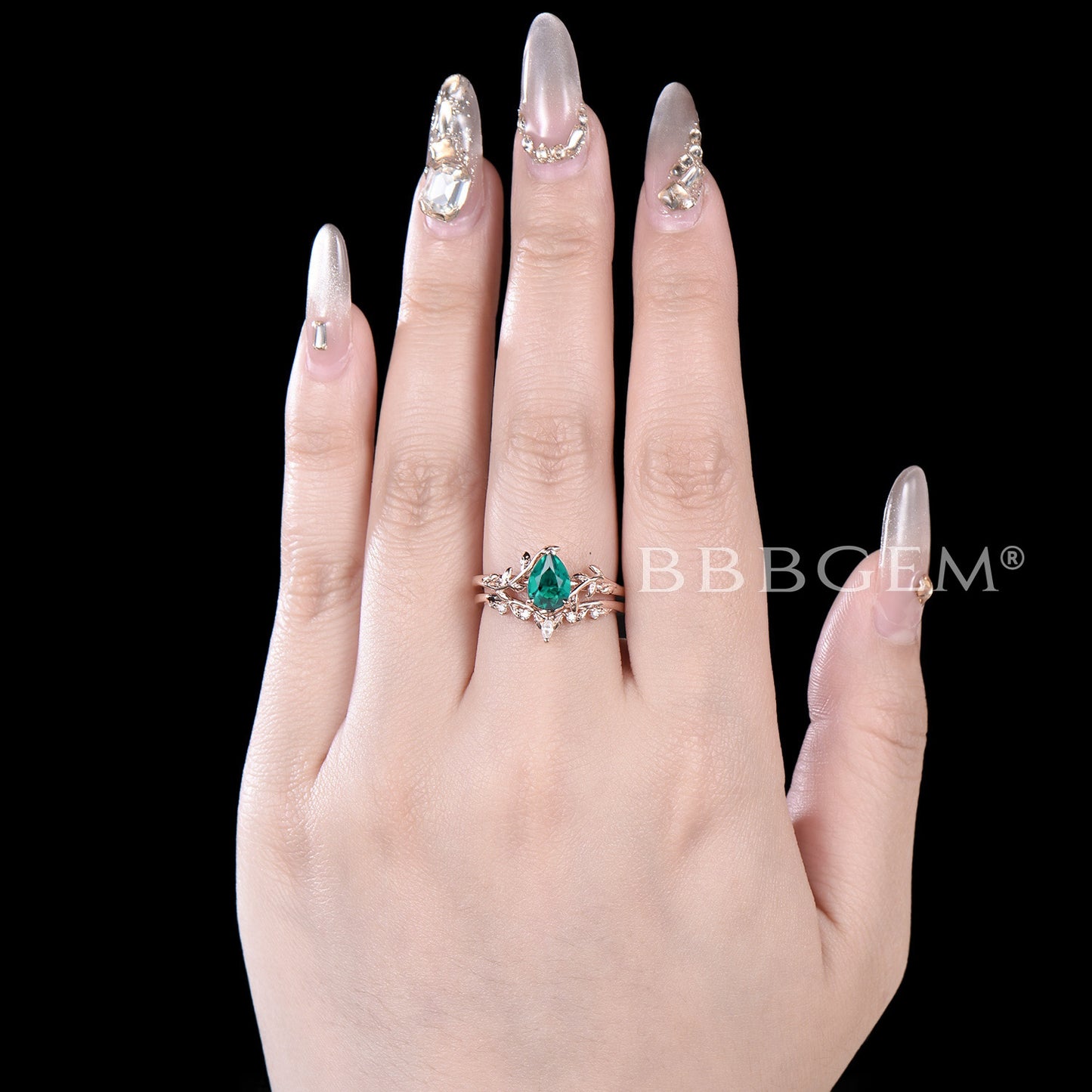 Twig Teardrop Emerald Engagement Ring Set Branch Leaf Ring