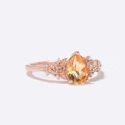 Citrine Engagement Ring Rose Gold Floral Diamond Wedding Ring