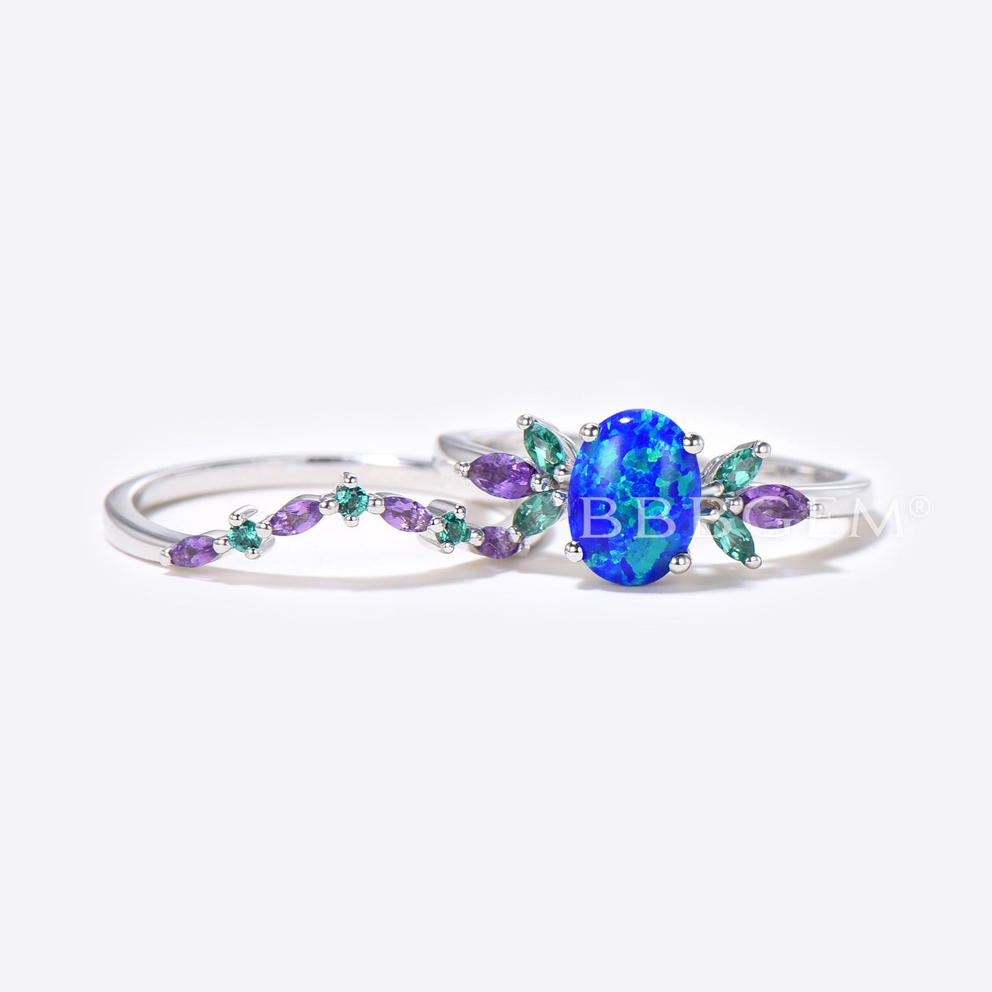 Unique 1.5ct Oval Cut Blue Opal Engagement Ring Set Sterling Silver Emerald Amethyst Wedding Ring Galaxy Blue Fire Opal Bridal Set Promise Gift