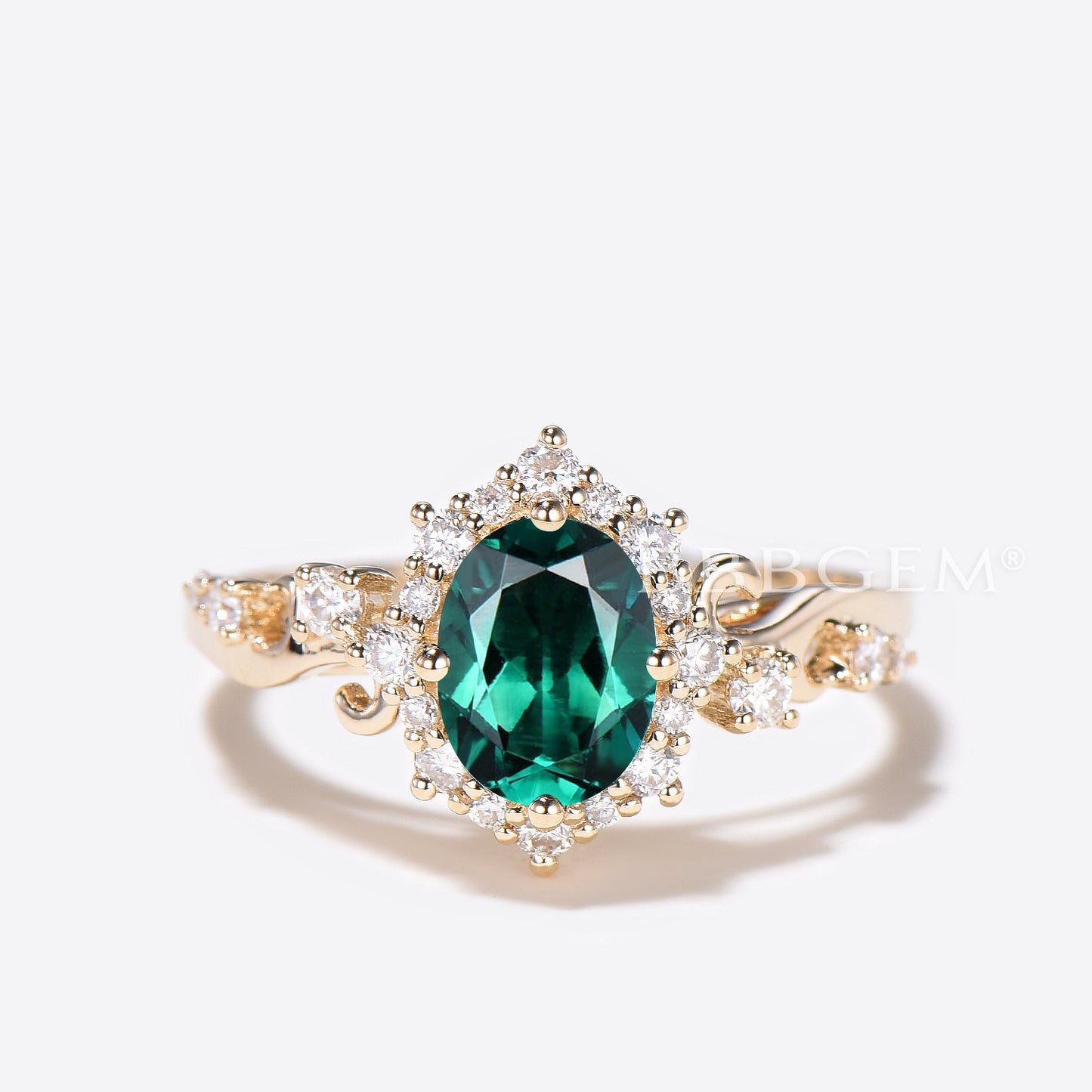 Oval Cut Emerald Engagement Ring 14k Yellow Gold Snowdrift Halo Diamond Ring