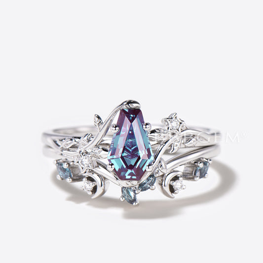 Nature Inspired Leaf Engagement Ring Moon Star Coffin Alexandrite Wedding Ring