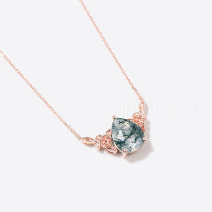 Pear Shaped Natural Moss Agate Necklace Rose Gold Floral Emerald Pendant