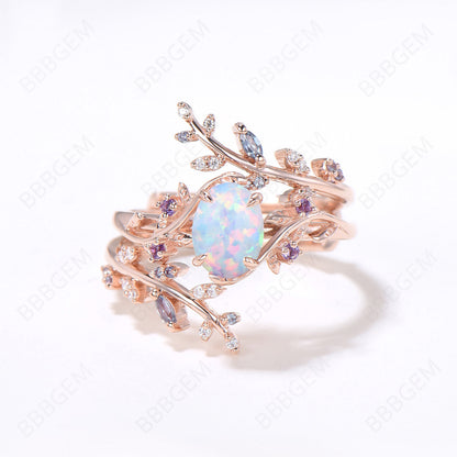 Branch Opal Engagement Ring Oval White Opal Bridal Set Nature Inspired Leaf Alexandrite Ring Rose Gold Wedding Band Enhancer Guard Ring