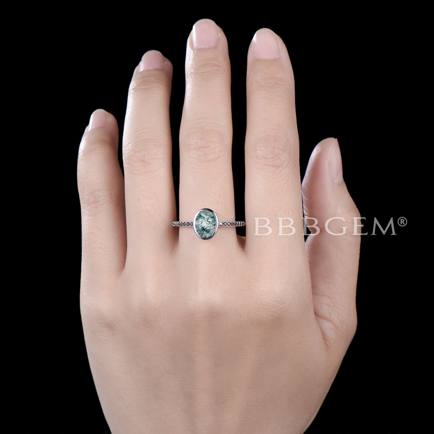 Bezel Set Oval Cut Moss Agate Ring White Gold Engagement ring