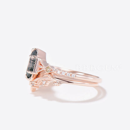 Long Hexagon Cut Moss Agate Ring Set Rose Gold 3-Stones Hexagon Moss Agate Engagement Ring With Square Peridot Accents