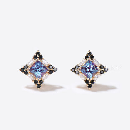 Princess Cut Alexandrite Stud Earrings Halo Moissanite Earrings